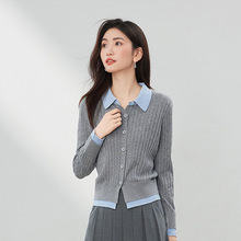 25春秋新款拼接坑条女式针织衫拼色毛衣外套来图来样加工定制