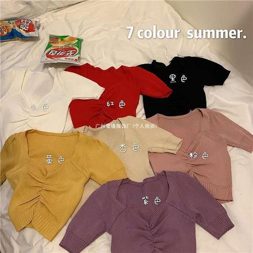 Summer Hong Kong-style Retro Bubble-Sleeve Short Base Layer V-Neck Knitted Top for Women