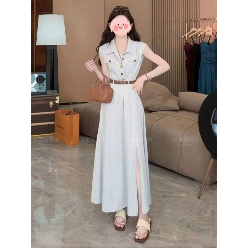 Very Nice Dress, Summer Korean Style High-End Waist Slimming Slit Sleeveless Shirt Mid-Length Skirt