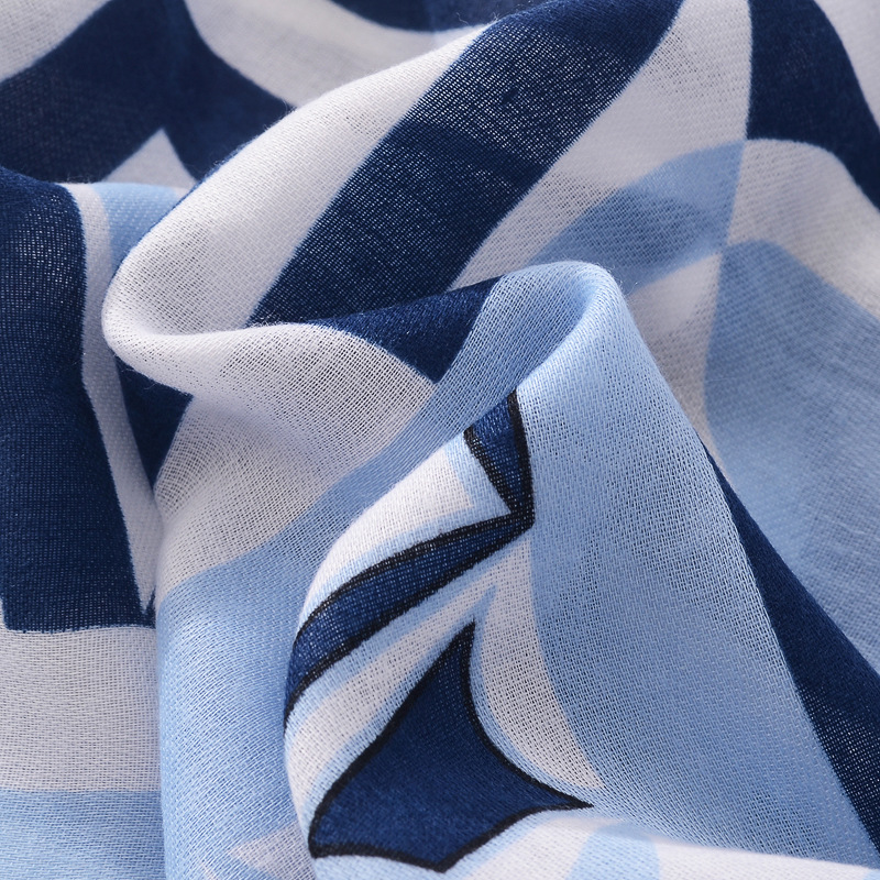 Estilo étnico retro porcelana azul y blanca pequeña bufanda de seda de patrón geométrico fresco círculo cuadrado de las mujeres impreso bufanda de algodón y lino sensación