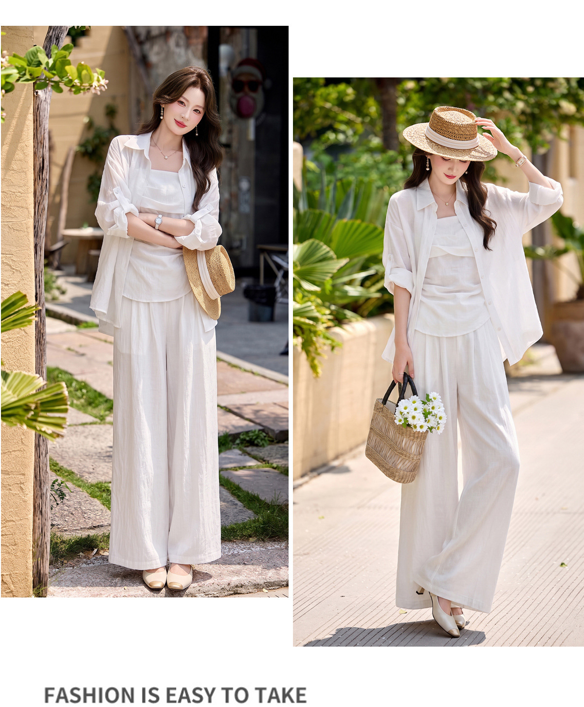 Bộ ba mặc nhà nữ phối áo sơ mi chống nắng, áo hai dây và quần ống suông — màu trắng, màu xám, màu kaki chi tiết 25