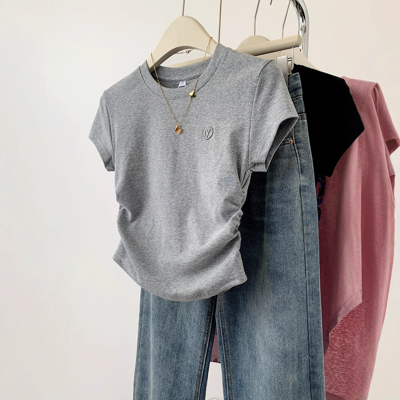 plus size Women's Unique Design Embroidered Shoulder Short-Sleeved T-Shirt Women's Slimming All-Match Summer chubby girl Belly Covering Top