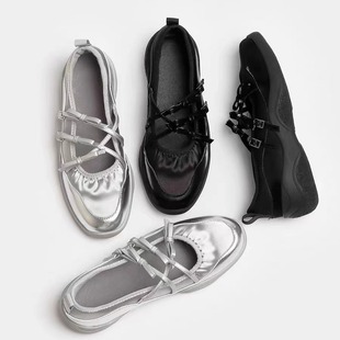Bow silver Ballet Flats Women's 2024 New Inner Height Increasing Sports Casual Shoes Functional Mary Jane Shoes