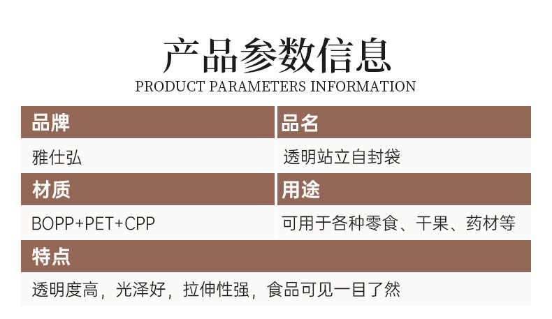 Transparent self-standing self-sealing bag, data cable, food packaging bag, snacks, grains and cereals, transparent plastic self-standing bone bag pic 10