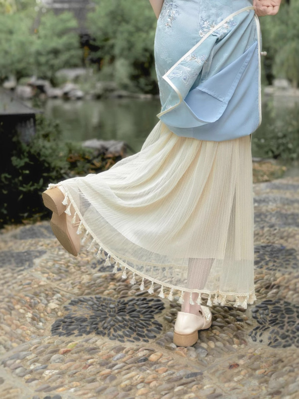 チャイナドレスのインナーレイヤー、メッシュプリーツタッセルスカート、ウエストゴム、レトロ漢服、ヒップカバーロングスカート|undefined
