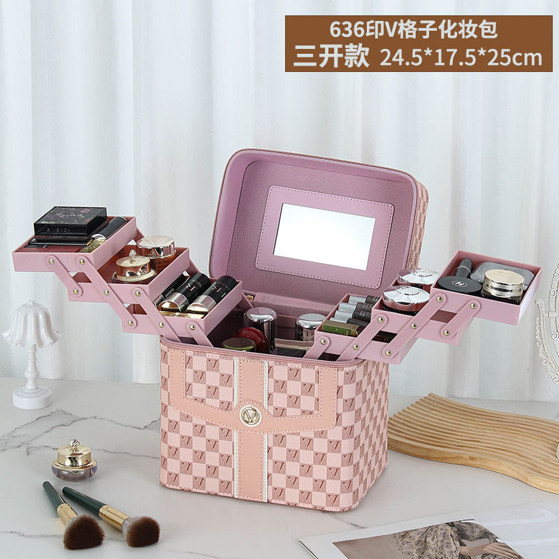 Caja de cosméticos a cuadros en forma de V transfronteriza, bolsa de almacenamiento para el cuidado de la piel portátil, caja de herramientas grande multifuncional portátil de alta gama para mujer