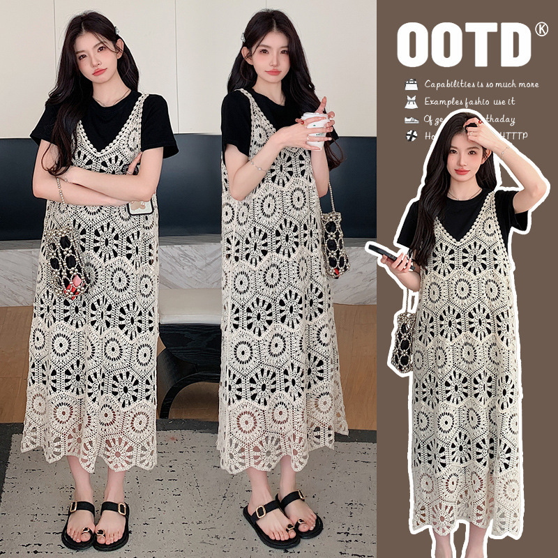 Maternity's Summer Dress New Design High-end Black T-shirt Short-sleeved Long Hollow Vest Dress Two-piece Set
