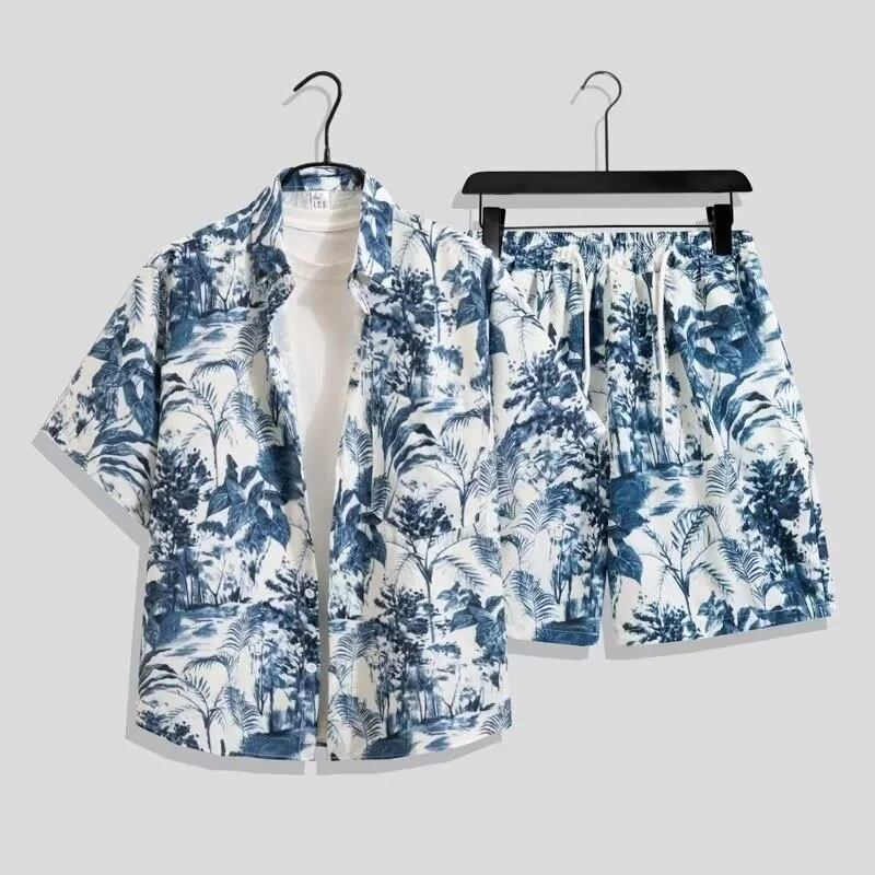 2025 Новый тайский цветочный комплект: рубашка и шорты для мужчин, гавайская пляжная рубашка с коротким рукавом, летний жакет для пар