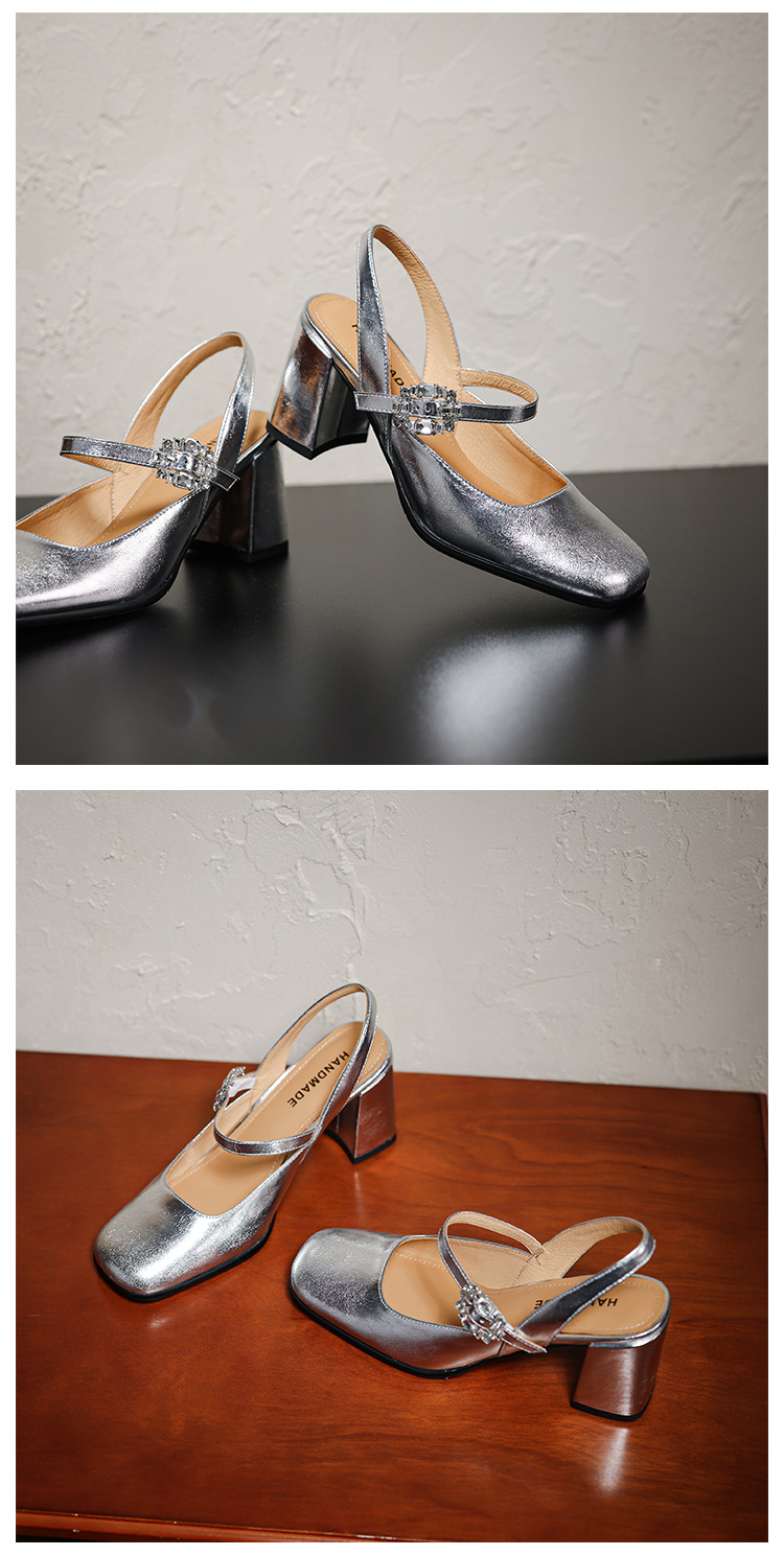 Giày sandal cao gót nữ quai ngang mũi tròn bít, gót 7 cm, phong cách Mary Jane — màu đen, Rượu vang đỏ, màu mơ, bạc chi tiết 19