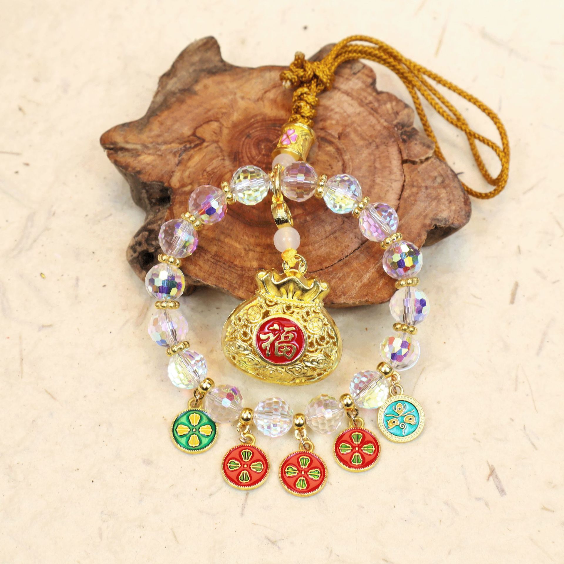 Crystal Five-Path Fortune God Car Hanging Ornament, Multicolor Abacus Lock, High-End Rearview Mirror Decoration, Wealth-Attracting Car Pendant, Interior Car Decoration