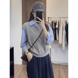 Fake Two-Piece Vest Top for Women Spring New Style Petite Casual Versatile Striped Shirt Retro Loose Knitted Top