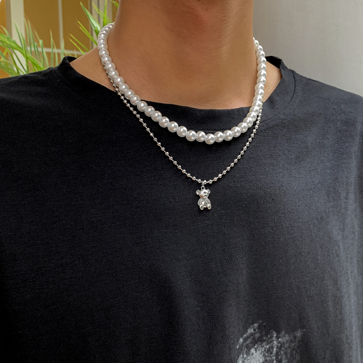 Fashion Bear Alloy Pearl Chain Layered Necklaces