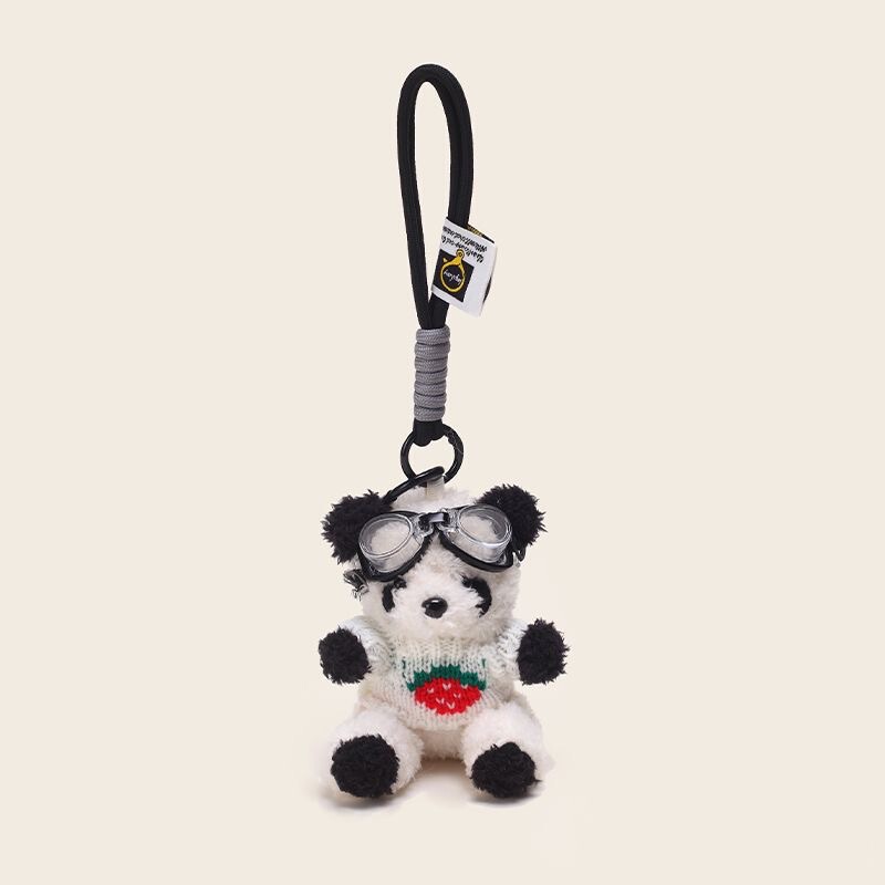 Cute Pilot Strawberry Heart Panda Plush School Bag Pendant Keychain Bear Doll Hanging Jewelry Gift for Men