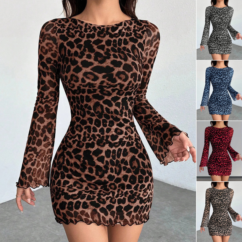 Amazon European and American Women's Clothing Leopard Print Round Neck Long-Sleeved Dress Elegant Mesh Short Skirt Vacation Seaside Dress
