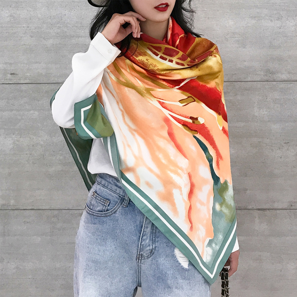 Grey, Green Color 130cm Spring New Oil Painting Flower Silk Scarf Shawl Large Square Scarf