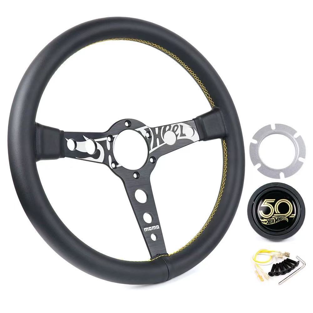 New MOMO 50th Anniversary Genuine Leather Car Modified Racing Steering Wheel 14inch Matte Leather Universal Quick-Release Steering Wheel
