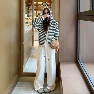 韩系慵懒学院风条纹连帽毛衣外套女2026秋冬新款宽松显瘦开衫上衣
