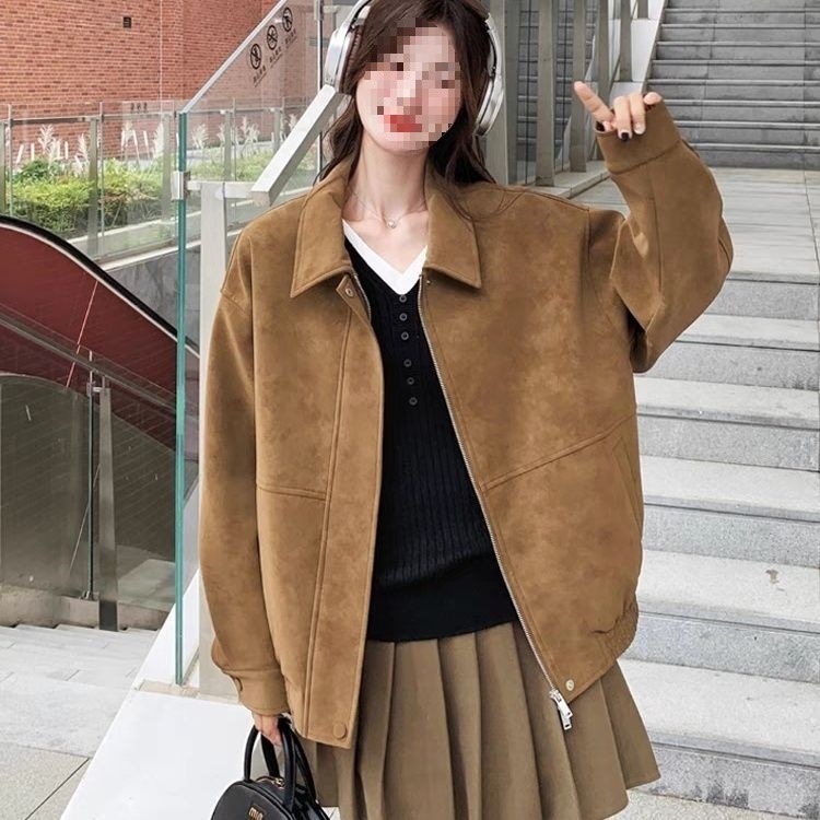 咖色美拉德麂皮绒外套女2025秋季新款小个子美式复古拉链翻领夹克|undefined