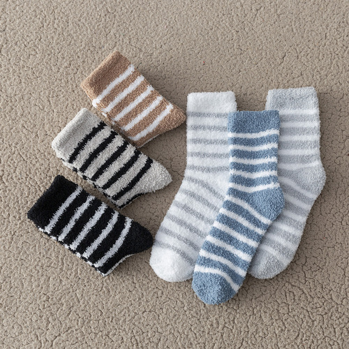Coral velvet socks men's autumn and winter thickened mid-calf socks thickened home floor sleeping socks striped
