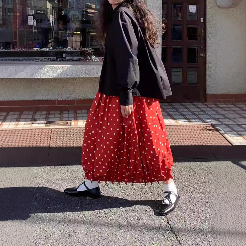 Vintage Red Polka Dot Cocoon-Shaped Puff Skirt with Elastic Waist, Mid-Length Skirt