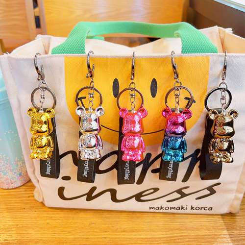 Charming Electroplated Colorful Ribbon Bear Keychain Ornament Cartoon Schoolbag Hook Decor Figure Acrylic Small Gift Wholesale