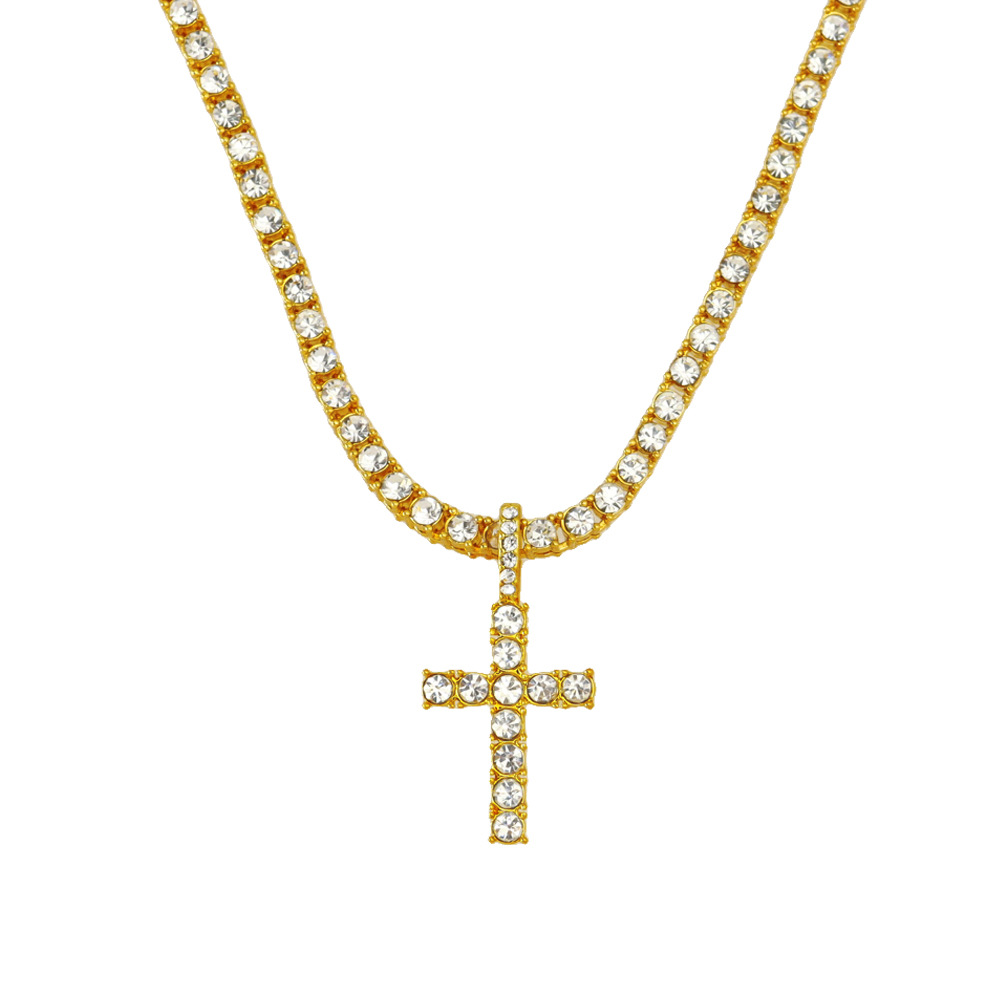 Europa y América hip hop estilo completo diamante Cruz colgante 3mm4mm sola fila diamante Tenis cadena collar Cruz collar