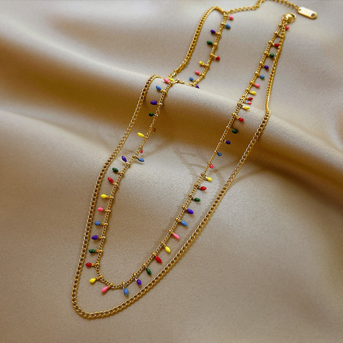 Colorful enamel craft necklace for women, double-layer titanium steel, unique design, niche clavicle chain, new trendy jewelry