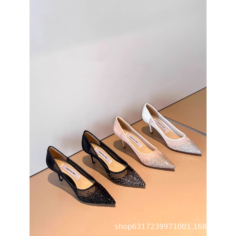 2025 Spring and Autumn New Beautiful Fairy Chop Men's High Heels Pointed Shallow Sandals Mesh Rhinestone Shoes Women