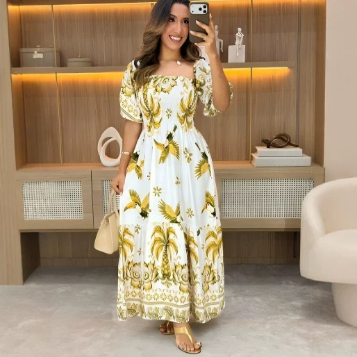 Foreign trade fruit print tropical dress for women, digital 3D color print long dress, elegant and stylish dress for women