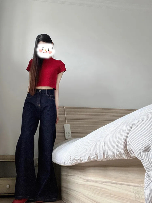 美式复古深蓝阔腿牛仔裤女2025秋季高腰宽松垂感辣妹直筒拖地裤字|undefined