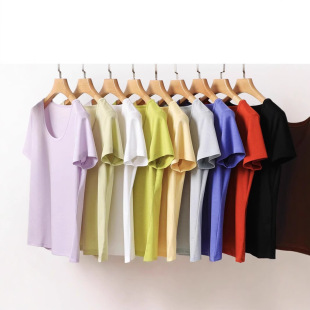 Lyocell Tencel Cool T-shirt Women's Acetic Acid Mulberry Silk U-Neck Short-Sleeved Cross-Border Loose Casual Base Top Spring and Summer