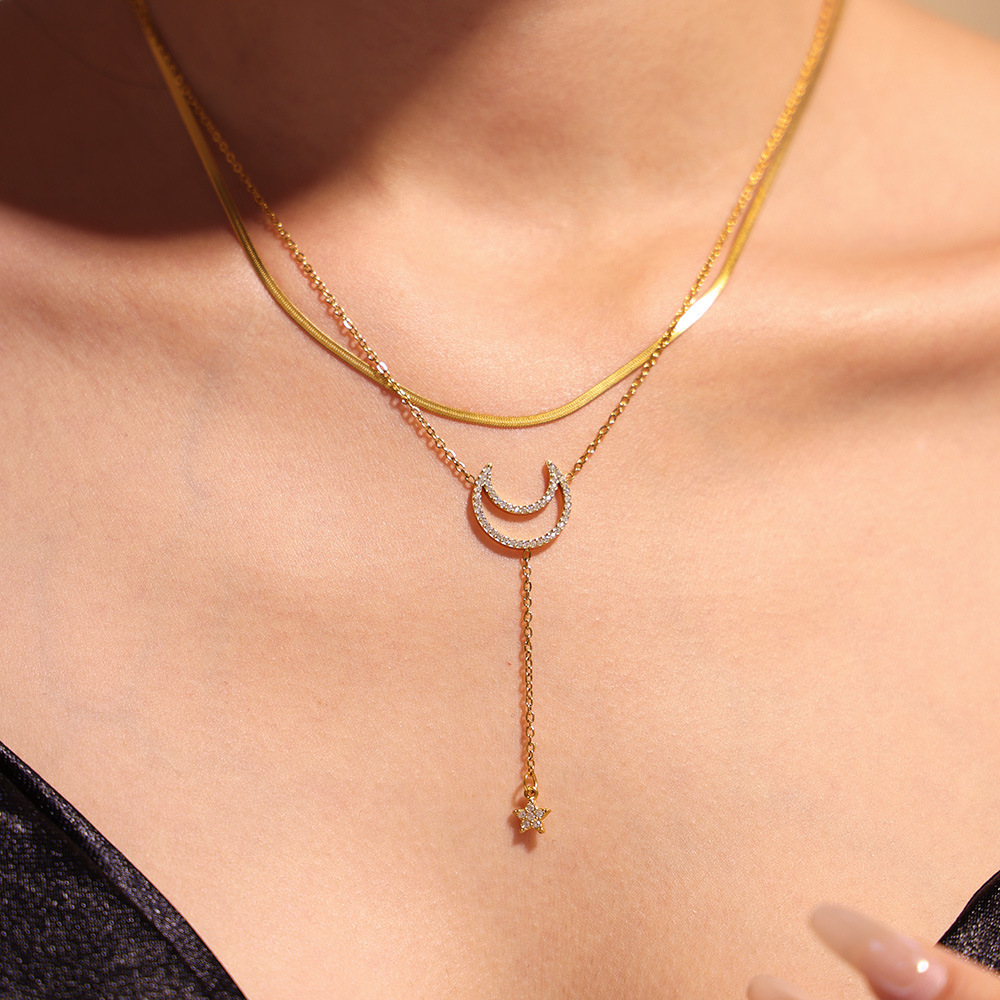 Square Sugar Starry Moon Set With Zircon Tassel Double Layered Clavicle Necklace, Feminine Style Bracelet, Titanium Steel Minimalist Set_voghion.com