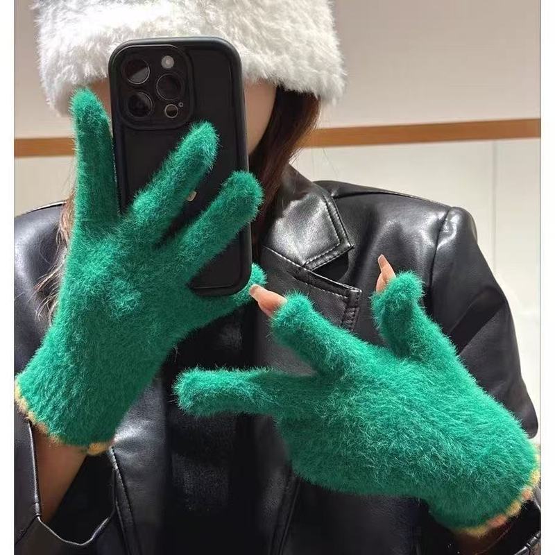 可爱彩色小糖豆毛绒手套女可触屏分指冬季保暖加厚防寒骑行学生潮|undefined