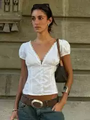 French Girly Youthful Lace Trim V-Neck Puff Sleeve Slimming Button Front Fitted Cropped Blouse