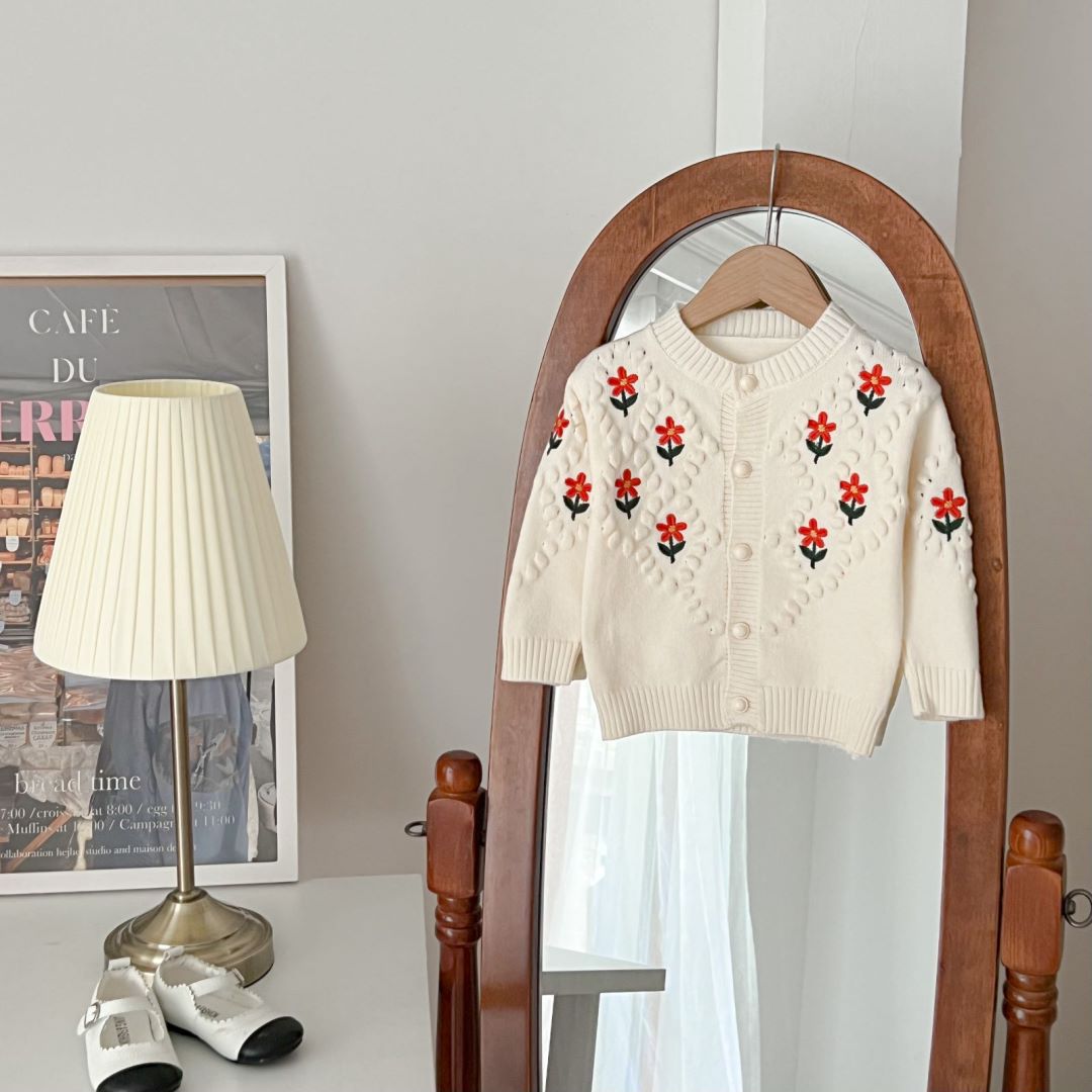 JINYONG Kinderpullover Neue koreanische Ausgabe Western Sweet bestickte Blume 3D Ball Strickmantel für Mädchen_voghion.com