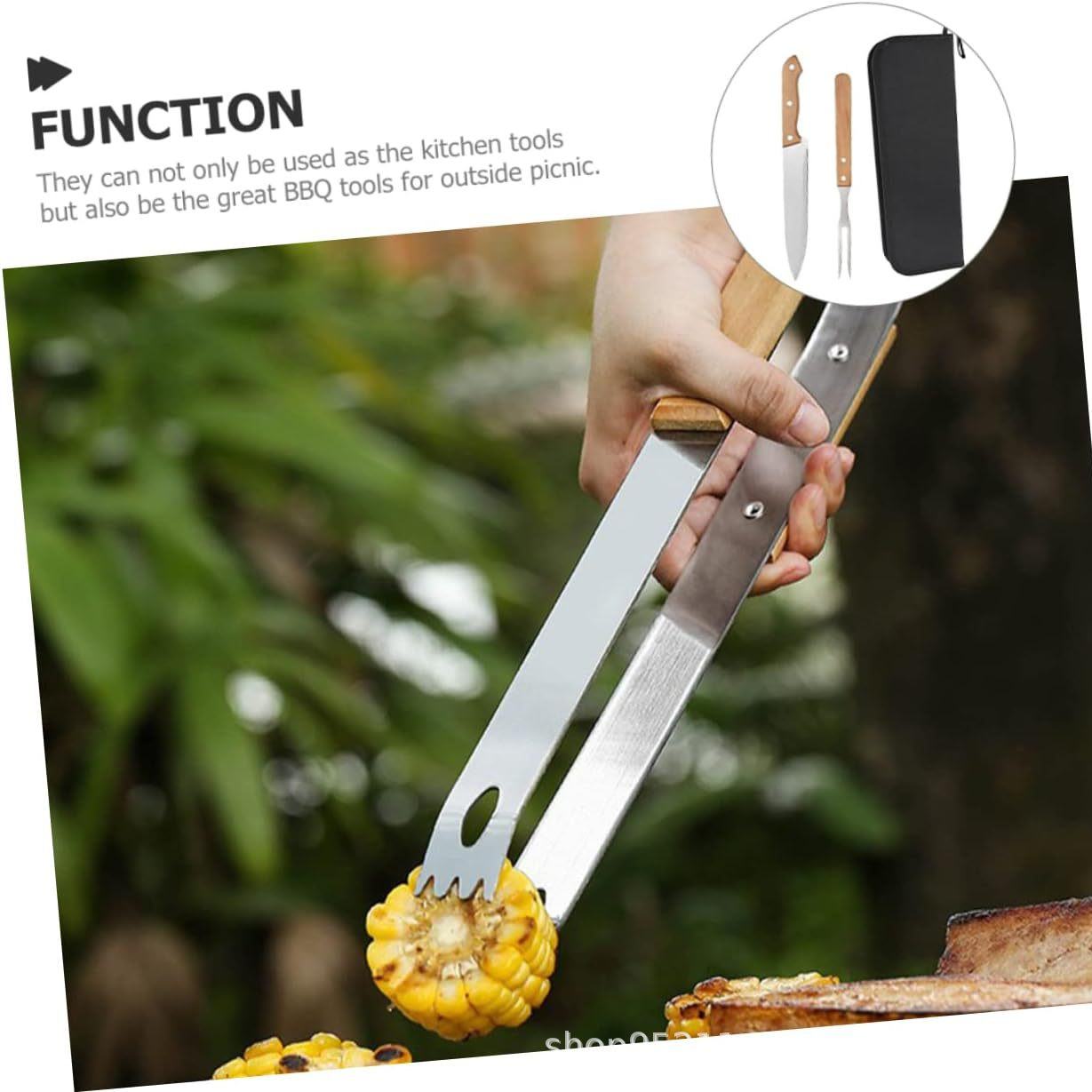 Acero inoxidable parrilla de acampamiento al aire libre BBQ conjunto de parrilla combinación de mango de madera bolsa de tela parrilla conjunto de herramientas