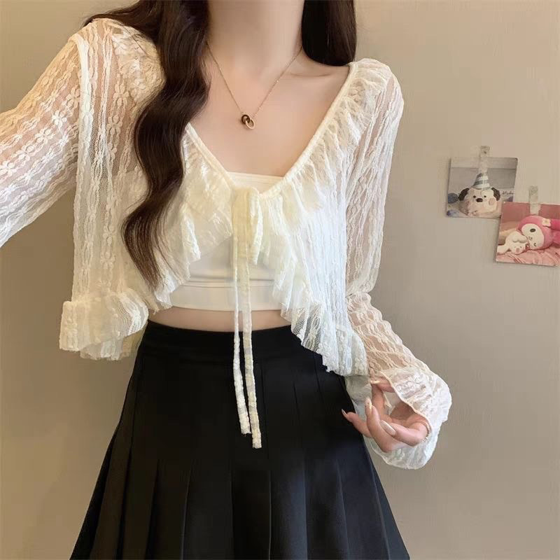 Long-Sleeved Lace-Up Chiffon Shirt Lace Summer Cardigan Top New Short Thin Shawl Waistcoat Sun Protection Jacket