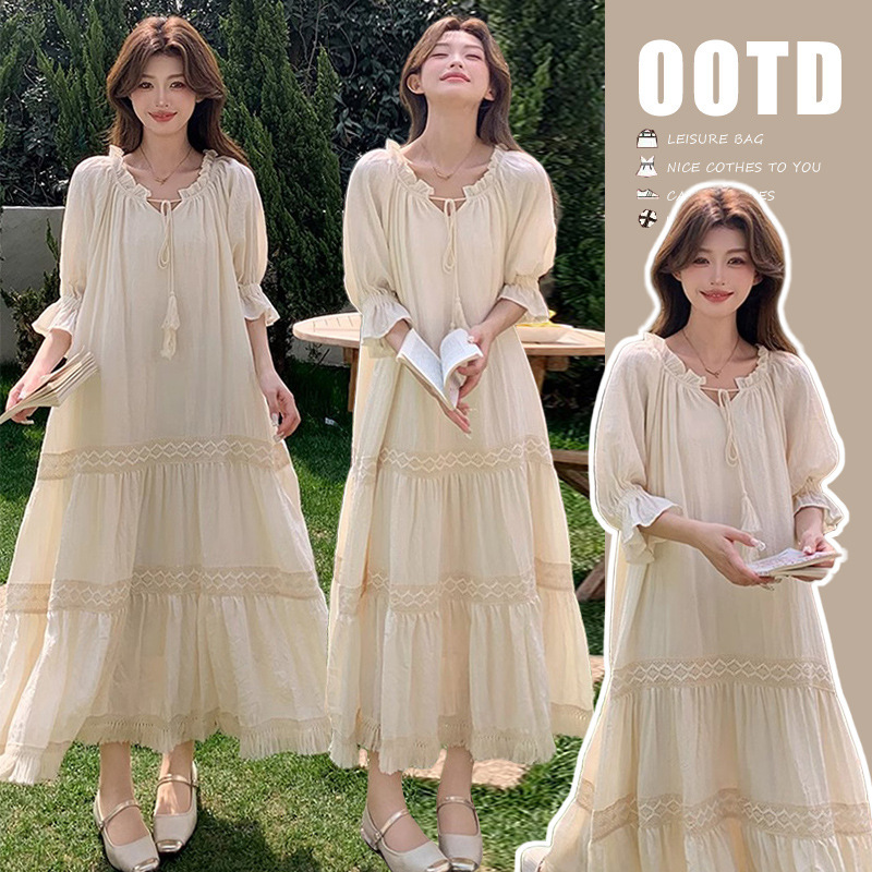 Maternity Wear 2026 Spring and Summer New Style French Gentle Style Lace Splicing Loose Slimming Look Maternity Plus Size Dress