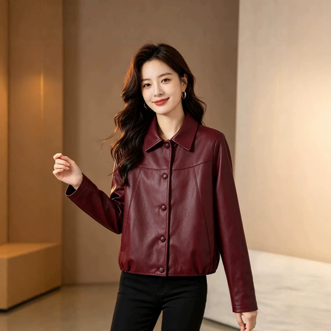 Haining Women's New Leather Jacket, Petite Style, 2026 Autumn Casual Chic Fashion Leather Jacket, Spring and Autumn Wear