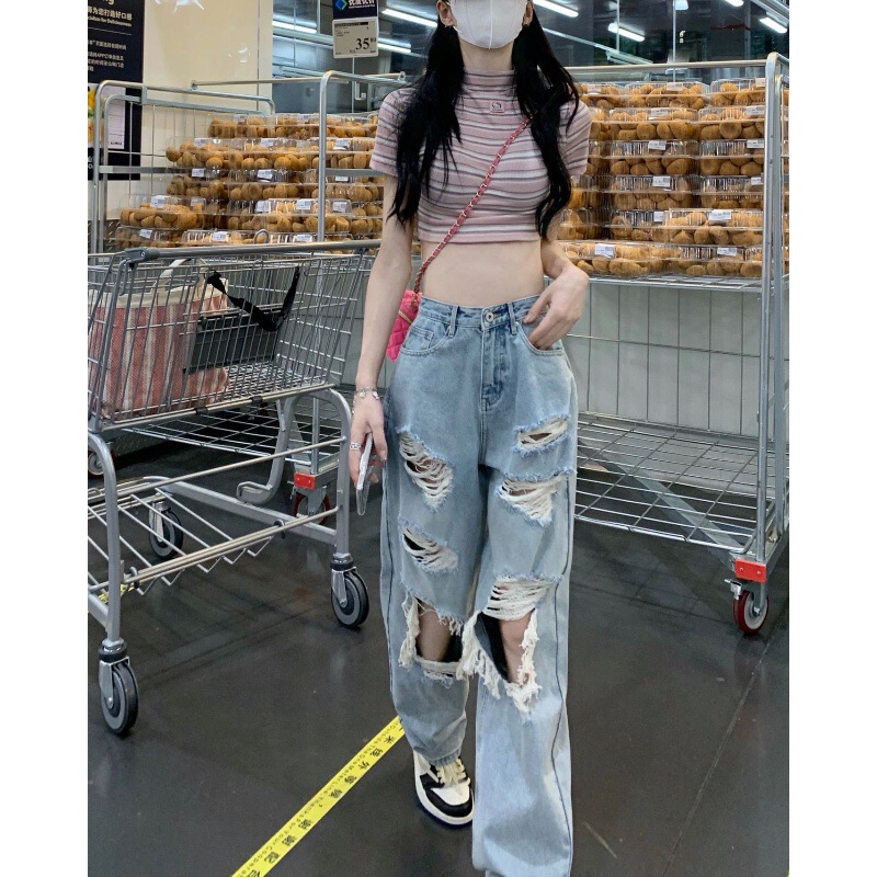 Ripped Jeans for Women 2024 Spring and Summer New Style Floor-Length High-Waisted Loose Korean Style Slimming Look Multi-Hole Beggar Style