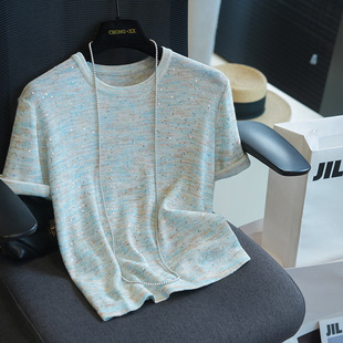 Chong Xiaoxiao Herbalife Sequin Floral Yarn Cotton and Linen Breathable Soft Short-Sleeved Knitwear Top Women's T-Shirt Summer A06M
