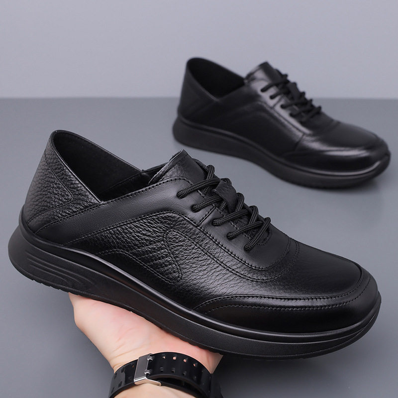 Giày lười nam da bò thật mũi tròn đế mềm chống trượt, kiểu slip-on nhẹ chân — D7913 Đen