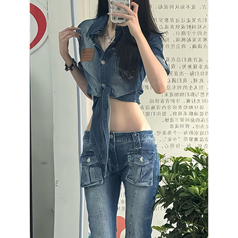 美式复古辣妹水洗牛仔套装女夏季短袖衬衫低腰微喇长裤子两件套潮|undefined