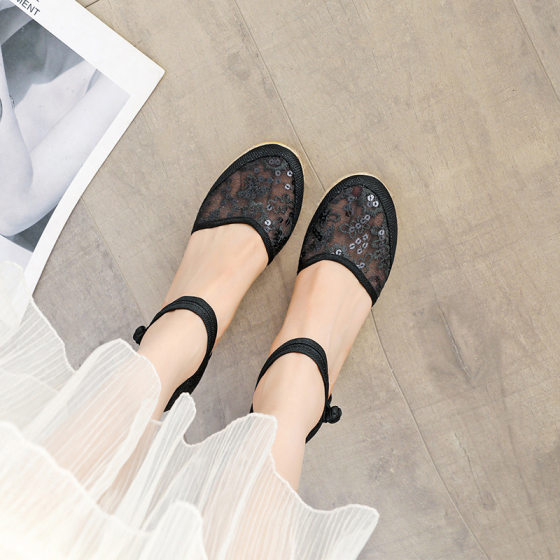 Women's Summer All-match Wedge Sandals with Toe Buckle Fashionable Breathable High Heel Lace Mesh Sandals for Women in Summer