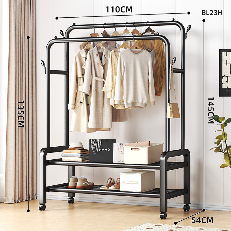 이중 극*이중층 110cm 검정색 바퀴가 달린 수납 선반 옷걸이 4개