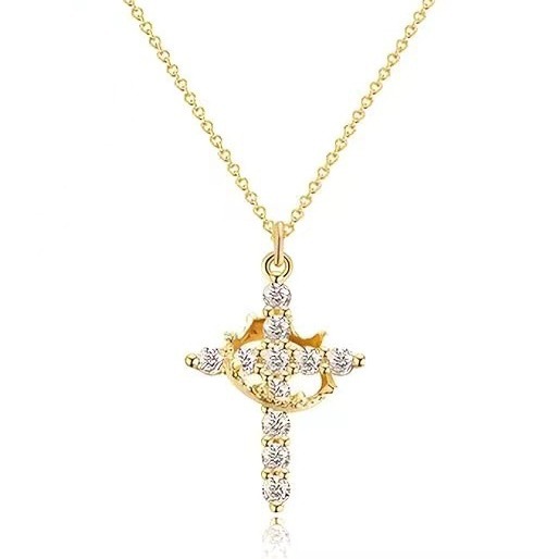 Rotating Crown Cross Necklace, Stainless Steel Chain Zircon Pendant Necklace_voghion.com