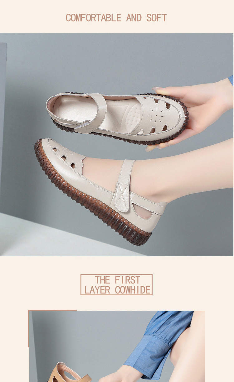 Sandal da thật nữ đế bằng mềm chống trượt, quai chữ V đơn giản, mùa hè thoáng nhẹ — Màu be chi tiết 11