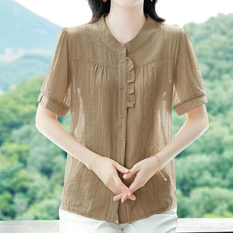 氷の糸のしわのシャツの新しい中国式の女性の半袖の夏の2025新型のお母さんの小さいシャツはゆったりとしていて腹を覆います。|undefined
