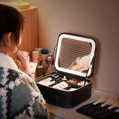 Large Capacity Makeup Bag with LED Light, Removable Mirror, Divided Compartments, and Portable Travel Bag