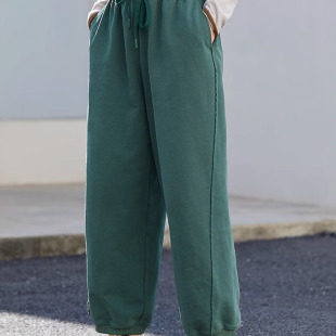 2025 Spring and Autumn Oil Green Single Strand Thick Cotton Gauze Lightweight Warm Elastic Waist Knitted Pants